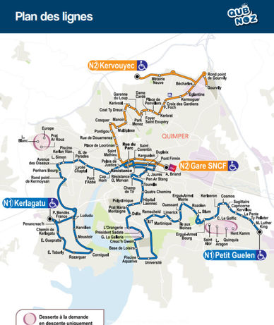 Le plan des lignes de soirée Qub Noz N1 et N2.