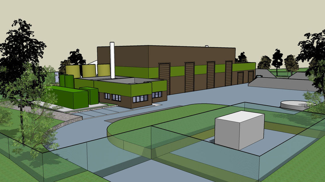 Vue en 3D de la future centrale biogaz en cours de construction au Petit Guélen.